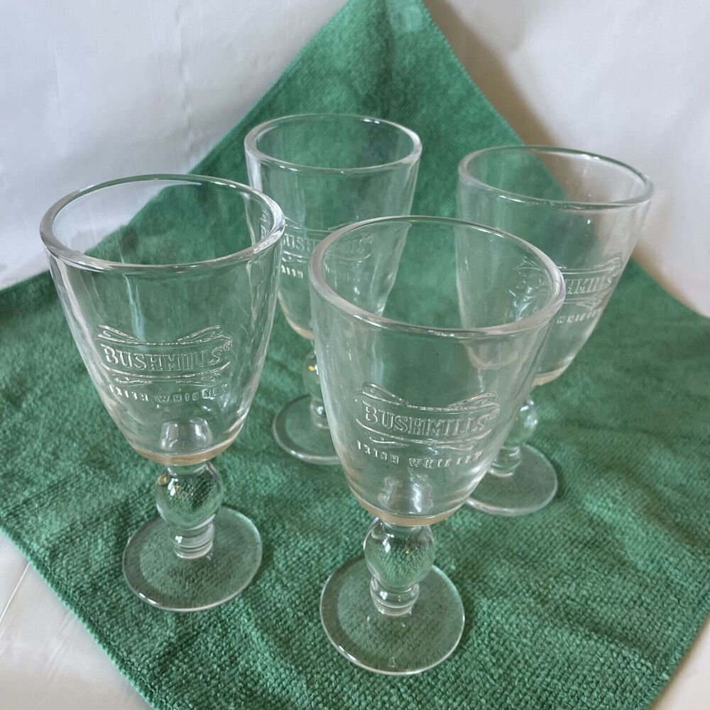 BUSHMILLS IRISH WHISKEY Footed Mug Coffee Glass Embossed Logo Design Set of 4